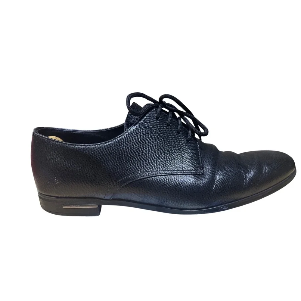 Prada Mens Black Saffiano Leather Lace Up Derby Dress Shoes Made in Italy